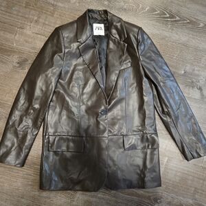 Womens Zara Dark Brown Faux Leather Blazer Size sm casual work